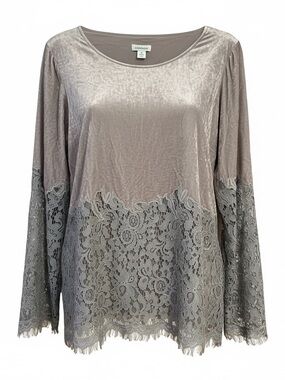 Sundance Silver-Gray Velvet Long Sleeve Top with Lace Hem